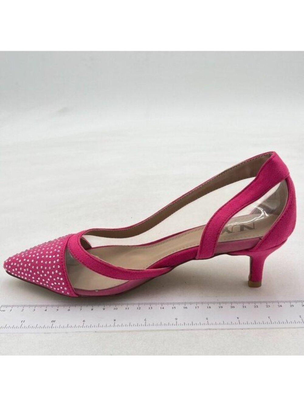 Pink Women Mid Kitten Heels Pumps Rhinestones Mesh Slip On Pointed Toe Shoes